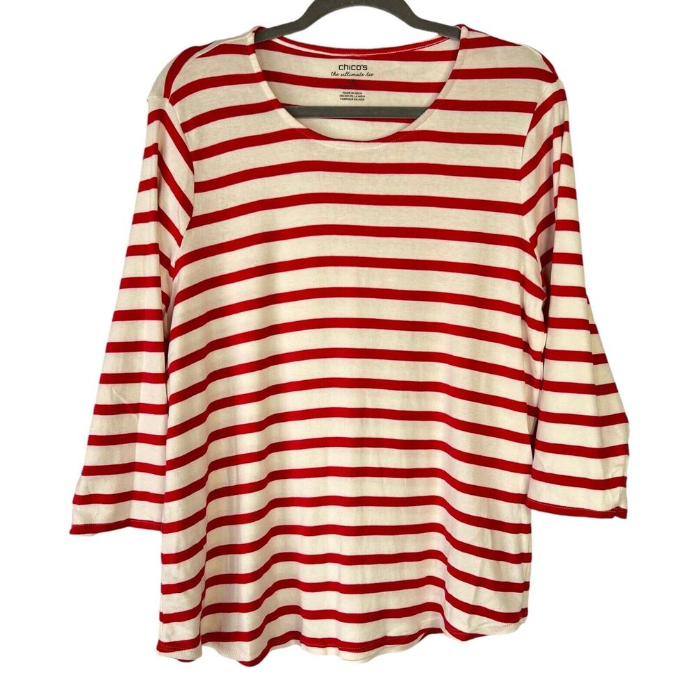 Chicos Ultimate Women’s Size 3 White Pink Stripe Supima Cotton Top 3/4 Sleeve
